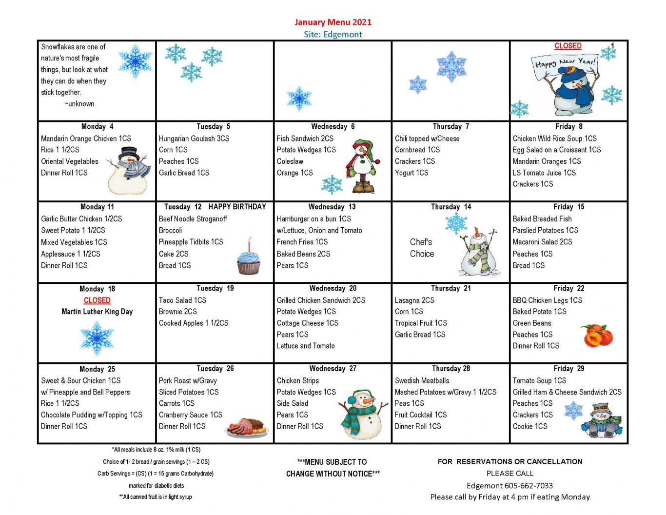 Meal On Wheels Western South Dakota - Current Menus