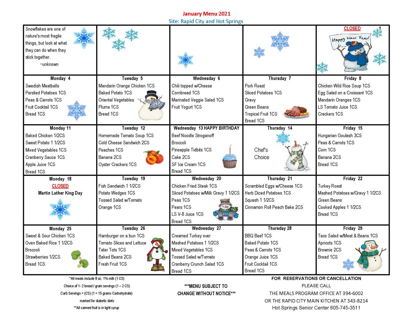 Meal On Wheels Western South Dakota - Current Menus